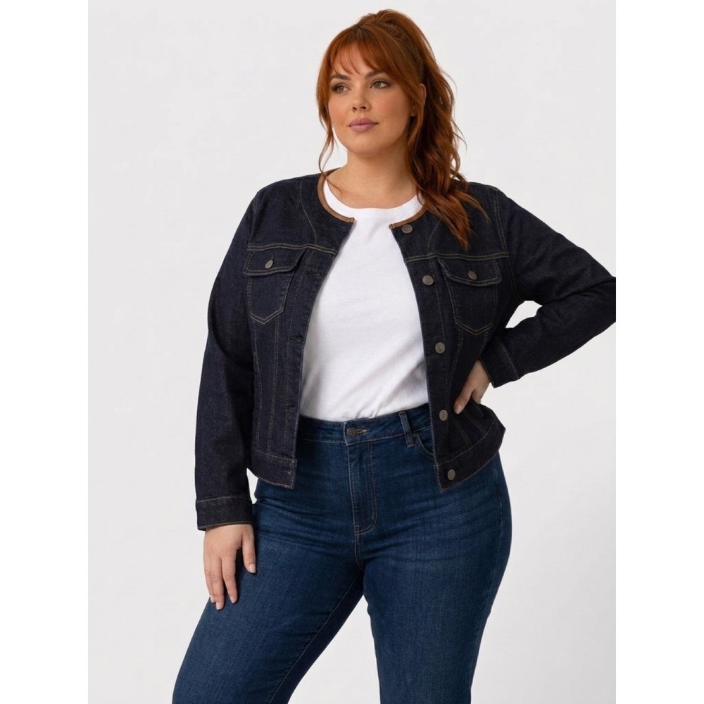 Lauren Ralph Lauren Women's Indigo Denim Collarless Jacket LeatherTrim SZ 1X NWT